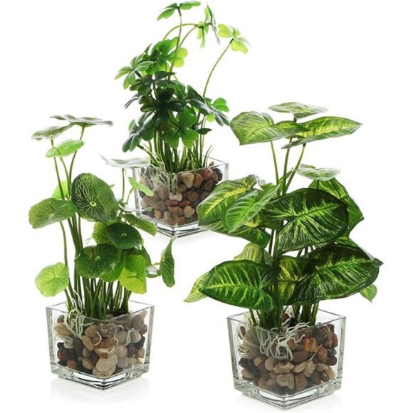 Set of 3 Artificial Plants, Faux Tabletop Greenery w/Clear Glass Pots - Picture 3 of 6